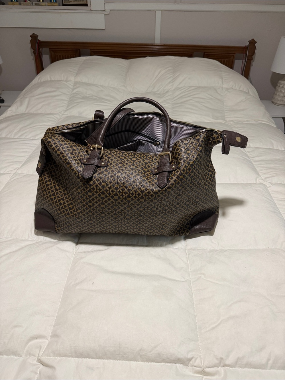 Brown Patterned Weekender Duffel Bag with Dark Brown Trim